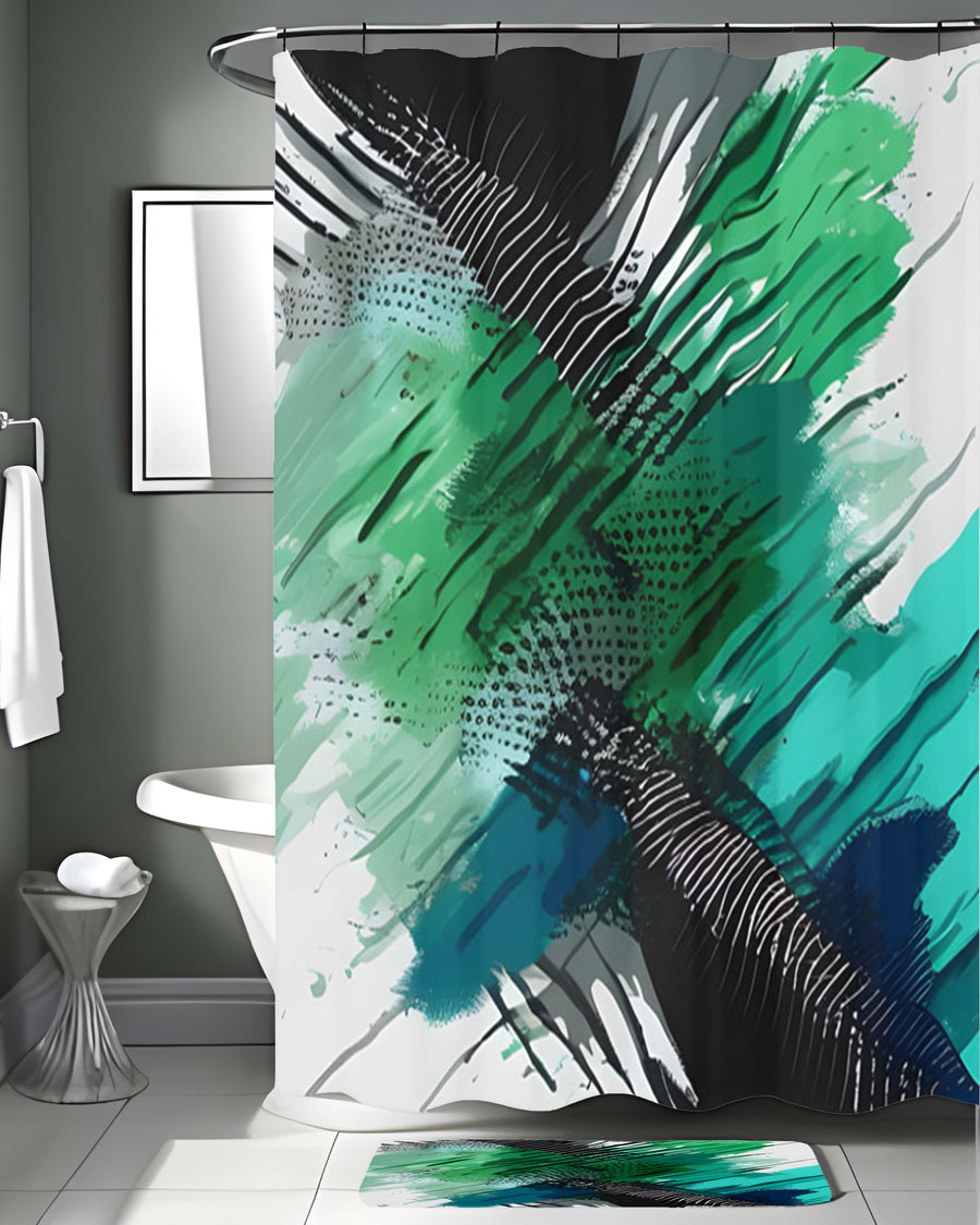 Green and Black Brushstroke Abstract Pattern Shower Curtain