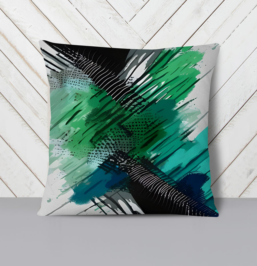 Green and Black Brushstroke Abstract Pattern Throw Pillow Cover