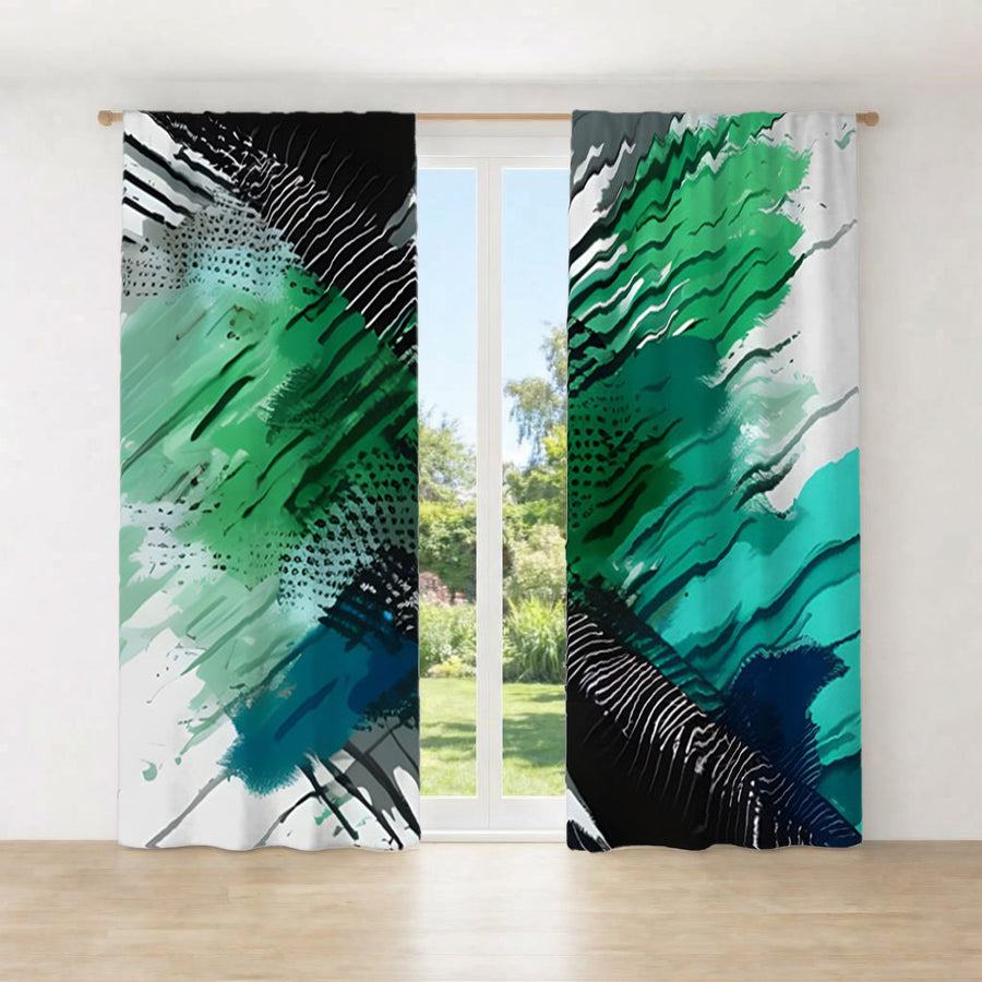 Green and Black Brushstroke Abstract Pattern Window Curtains