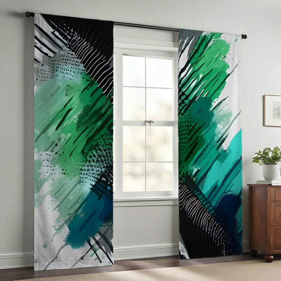 Green and Black Brushstroke Abstract Pattern Window Curtains