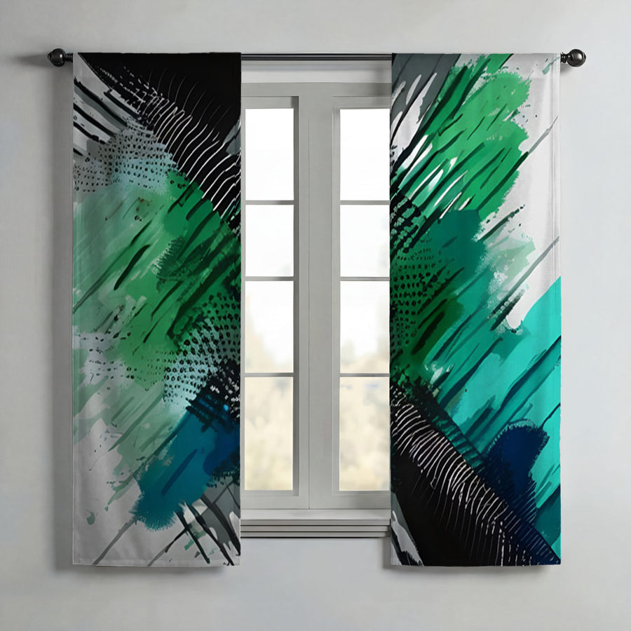 Green and Black Brushstroke Abstract Pattern Window Curtains