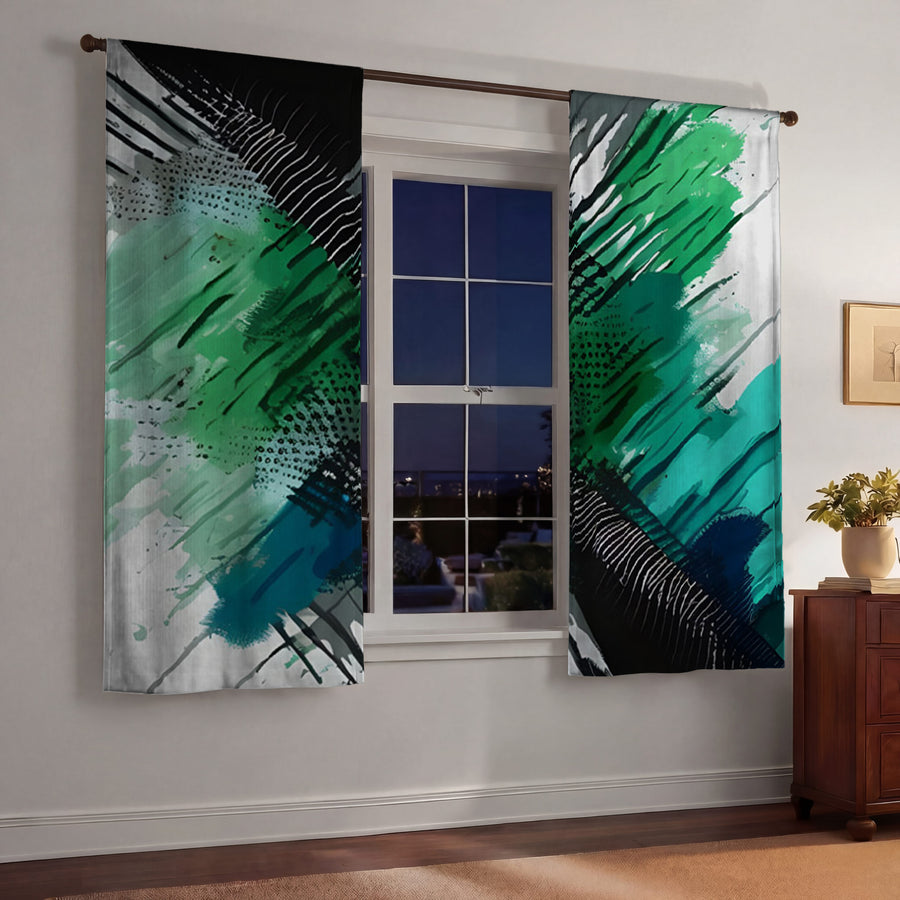 Green and Black Brushstroke Abstract Pattern Window Curtains
