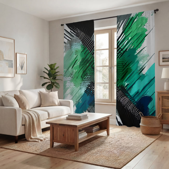 Green and Black Brushstroke Abstract Pattern Window Curtains