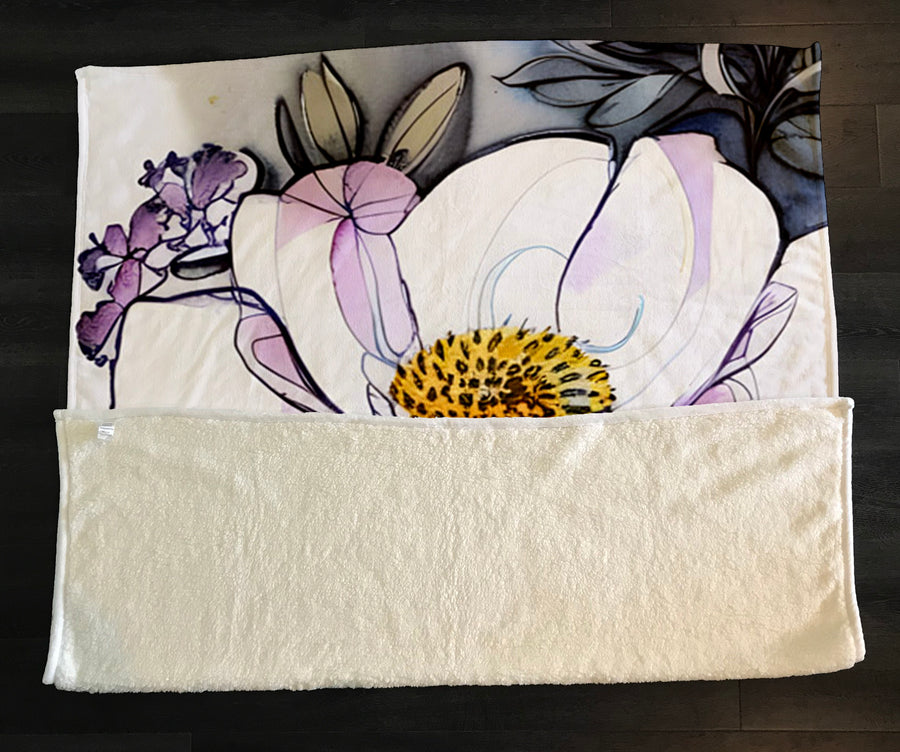 Purple Floral Botanical Artwork Fleece Sherpa Blanket