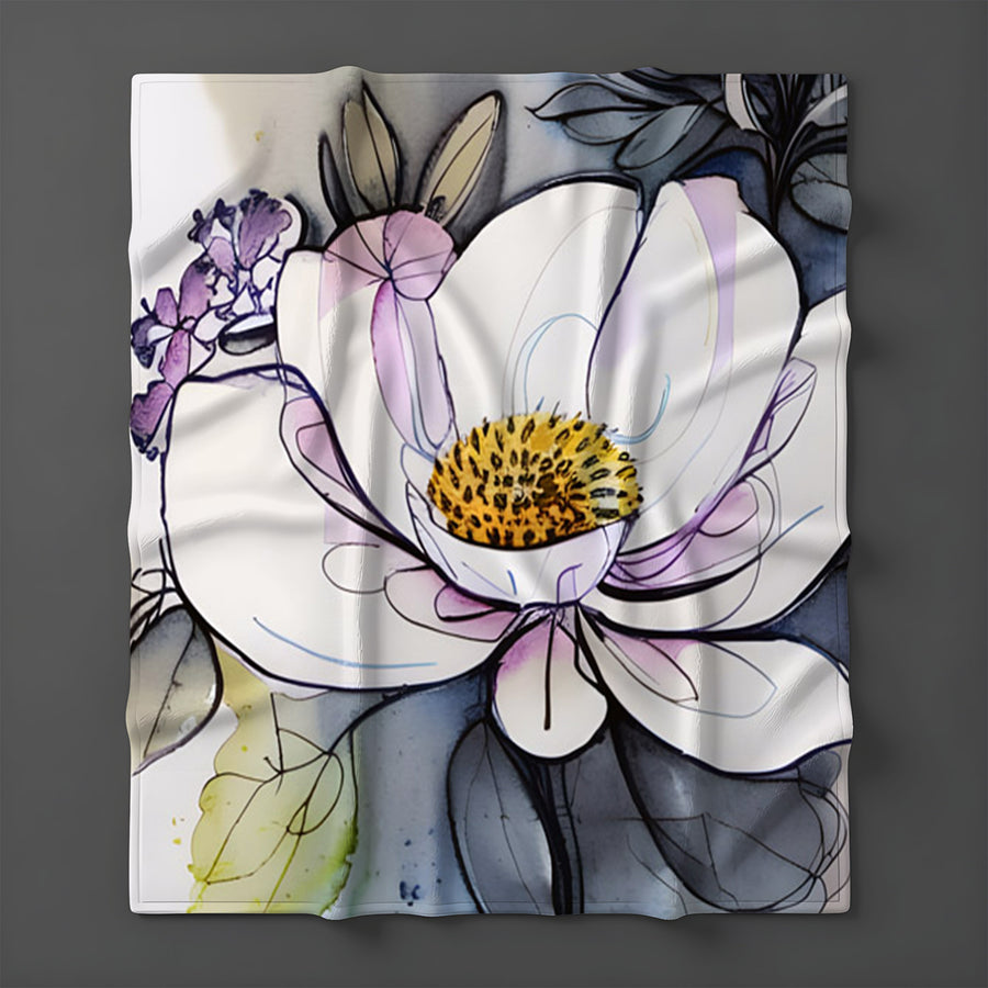 Purple Floral Botanical Artwork Fleece Sherpa Blanket