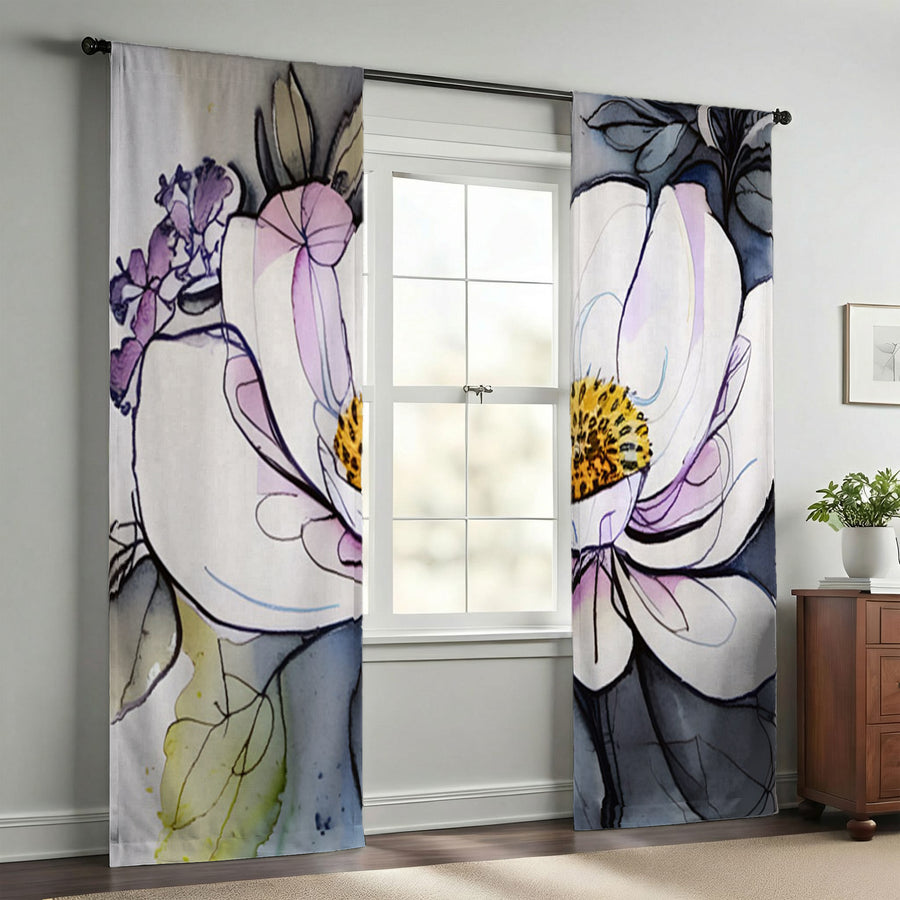 Purple Floral Botanical Artwork Window Curtains
