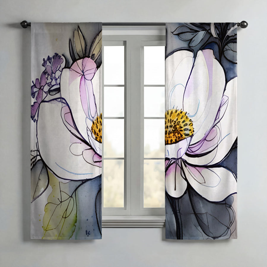 Purple Floral Botanical Artwork Window Curtains
