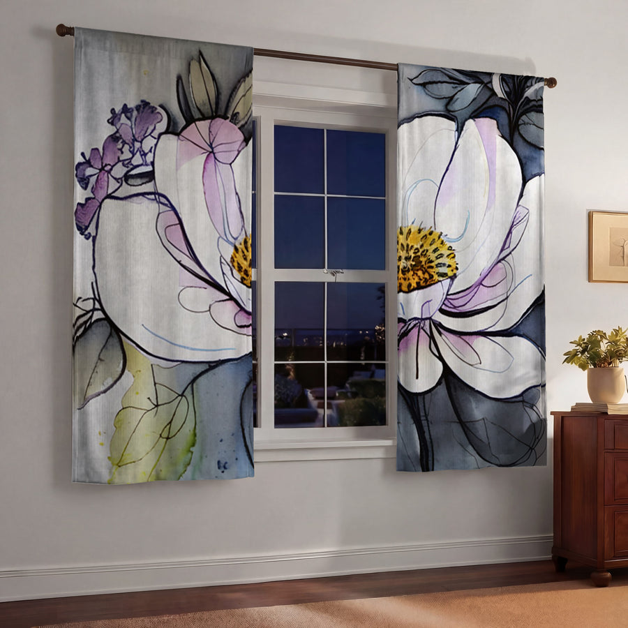 Purple Floral Botanical Artwork Window Curtains