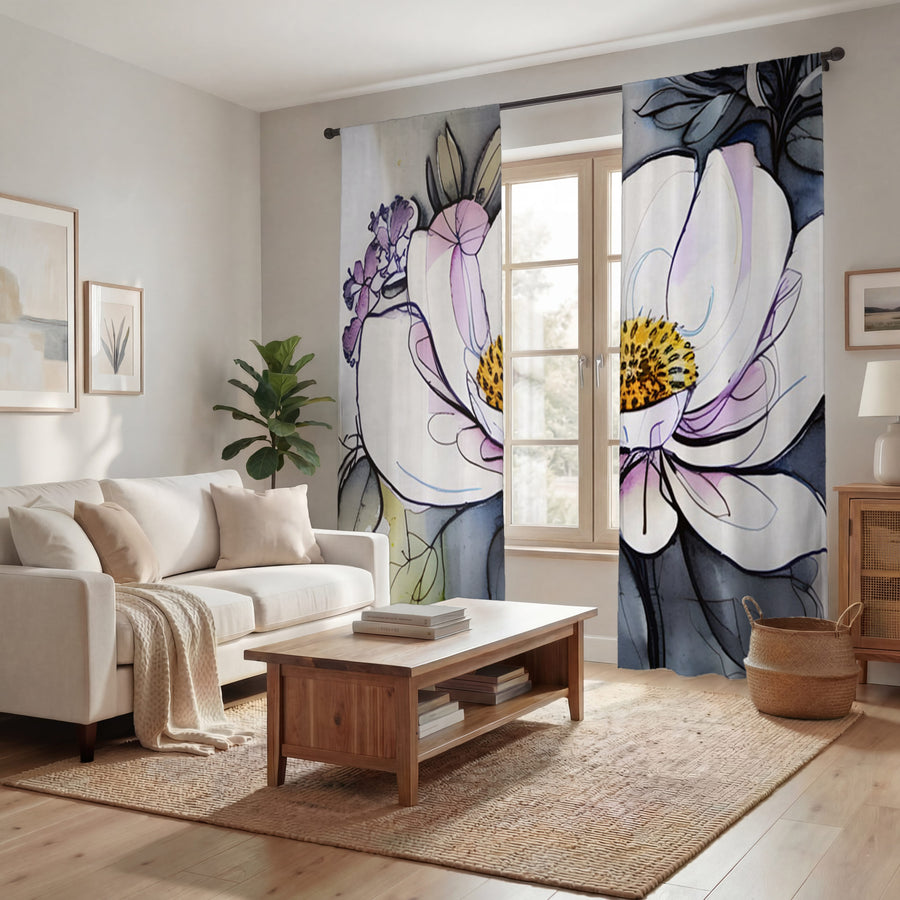 Purple Floral Botanical Artwork Window Curtains