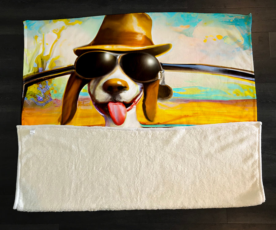 Yellow Retro Dog Portrait Artwork Fleece Sherpa Blanket