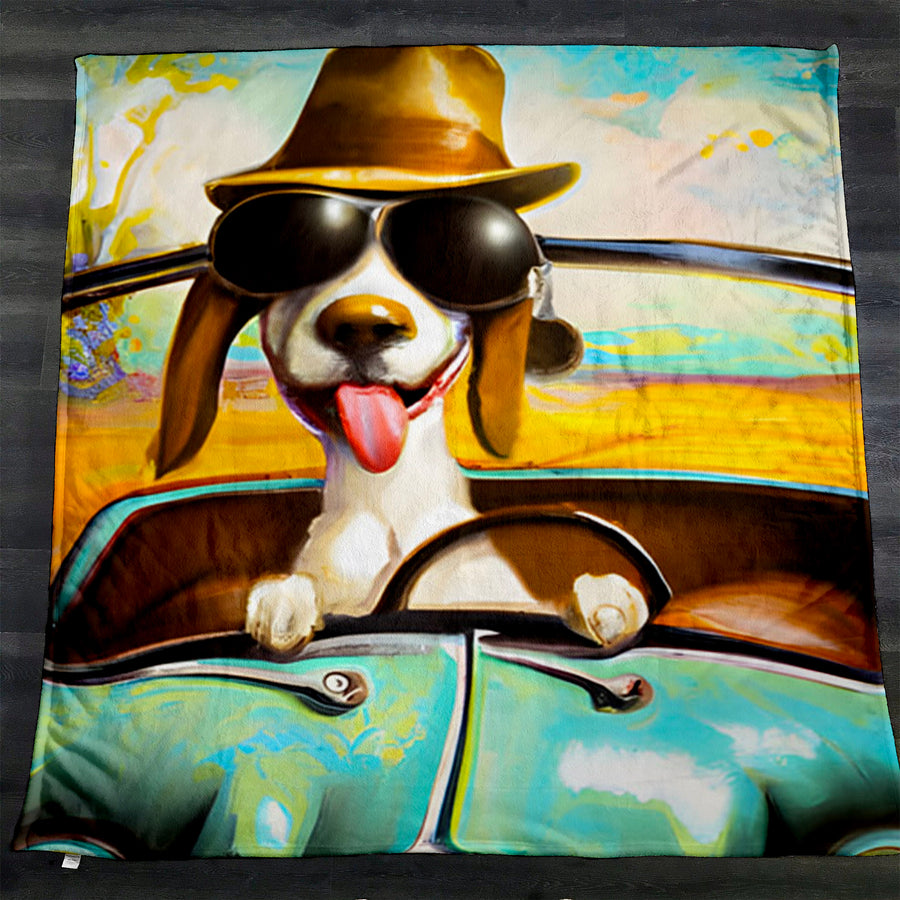 Yellow Retro Dog Portrait Artwork Fleece Sherpa Blanket