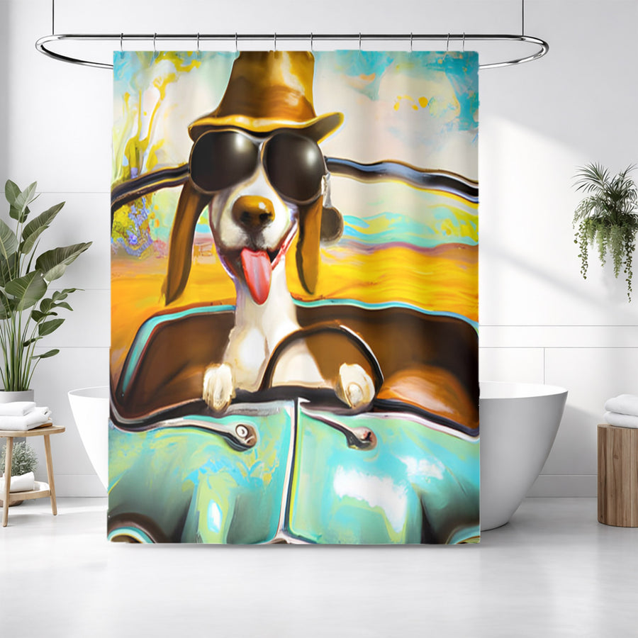 Yellow Retro Dog Portrait Artwork Shower Curtain