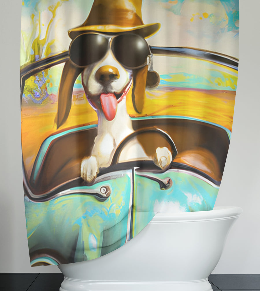 Yellow Retro Dog Portrait Artwork Shower Curtain