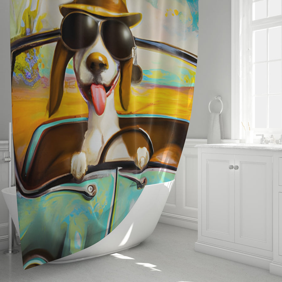Yellow Retro Dog Portrait Artwork Shower Curtain