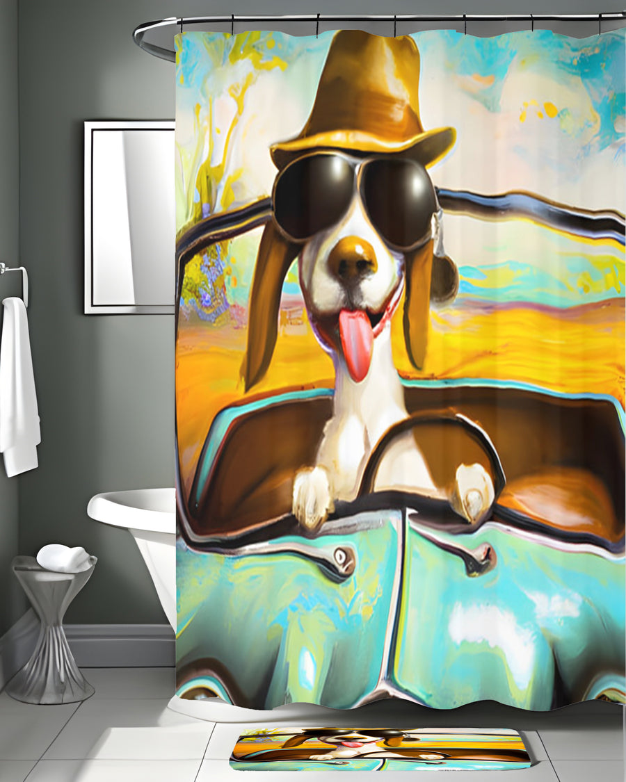 Yellow Retro Dog Portrait Artwork Shower Curtain
