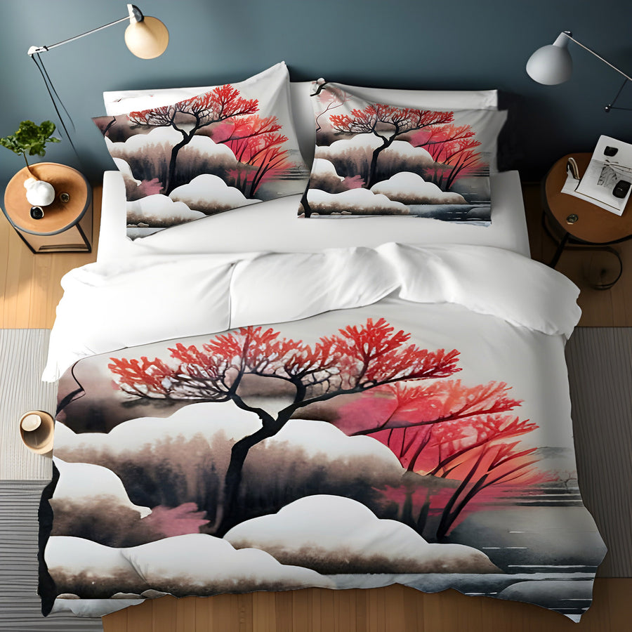 Pink Winter Tree Landscape Artwork Duvet Cover