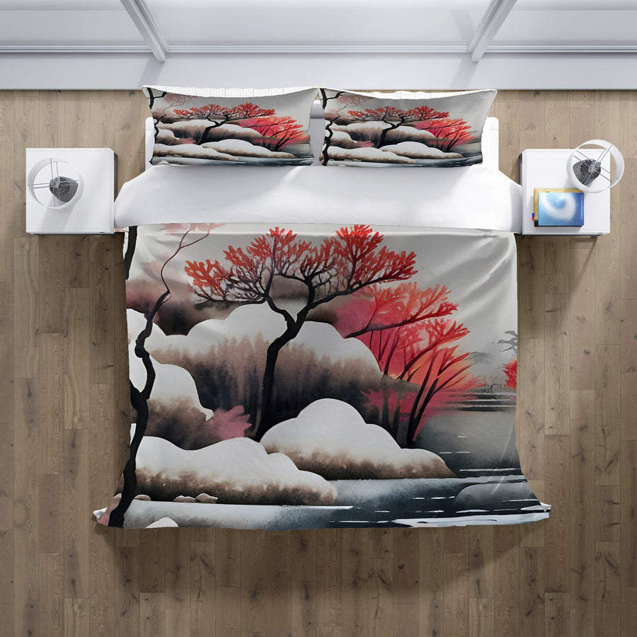 Pink Winter Tree Landscape Artwork Duvet Cover