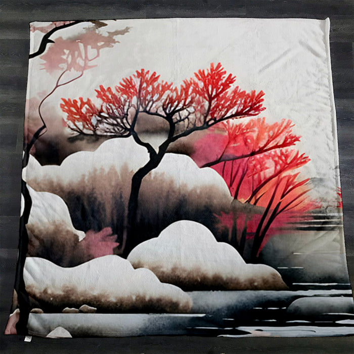 Pink Winter Tree Landscape Artwork Fleece Sherpa Blanket