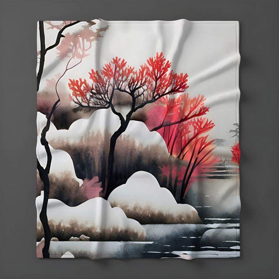 Pink Winter Tree Landscape Artwork Fleece Sherpa Blanket