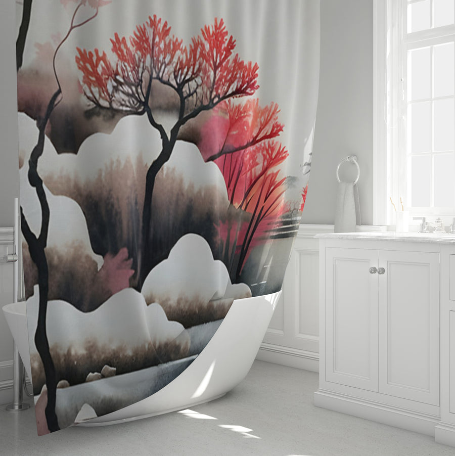 Pink Winter Tree Landscape Artwork Shower Curtain