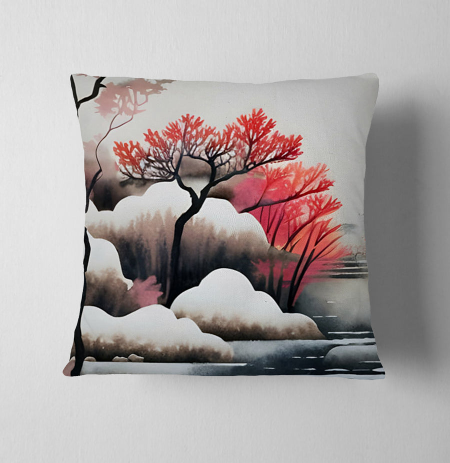 Pink Winter Tree Landscape Artwork Throw Pillow Cover