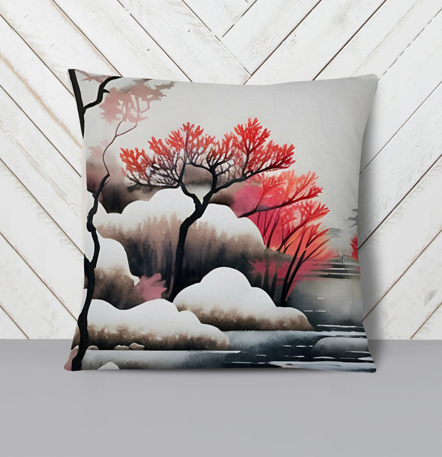 Pink Winter Tree Landscape Artwork Throw Pillow Cover