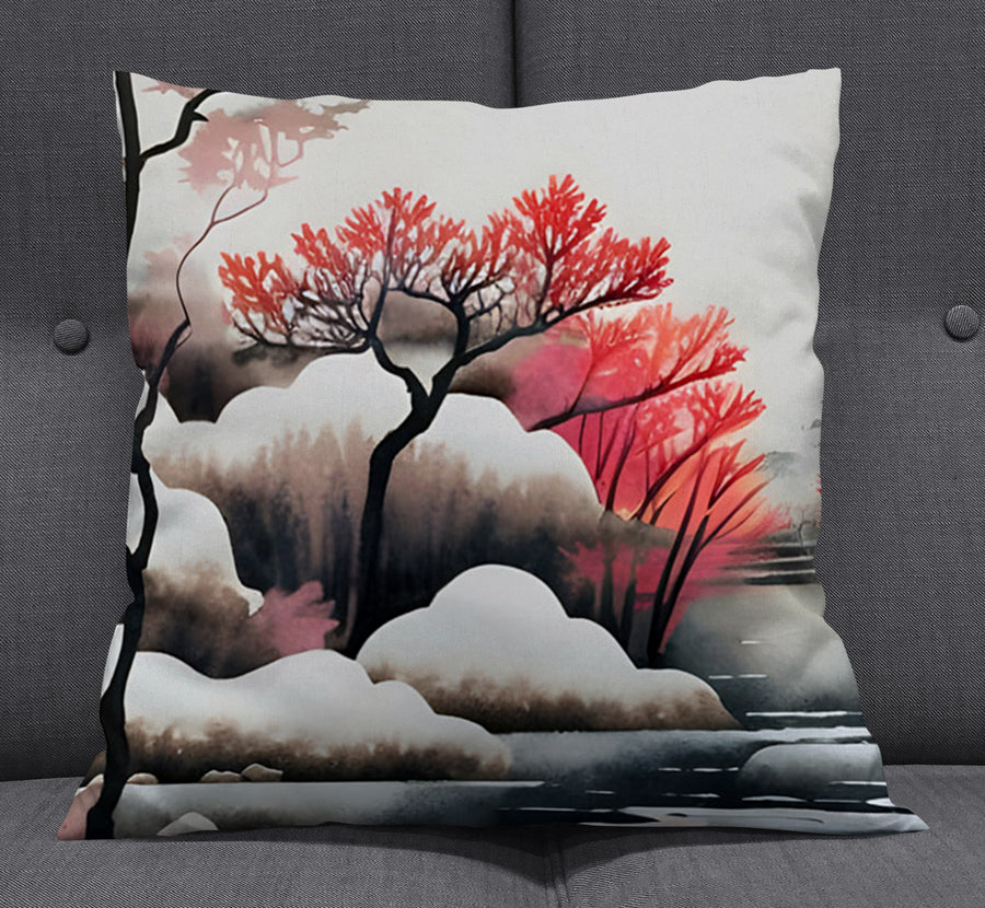 Pink Winter Tree Landscape Artwork Throw Pillow Cover