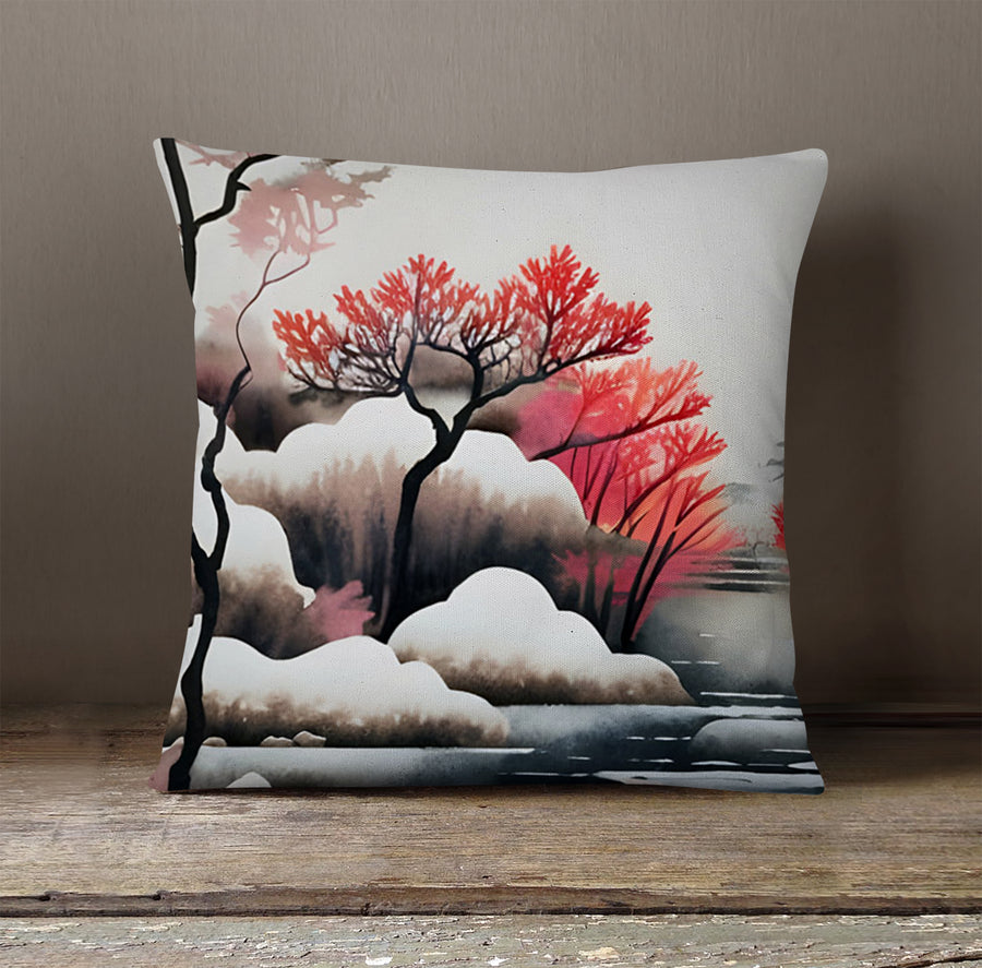 Pink Winter Tree Landscape Artwork Throw Pillow Cover