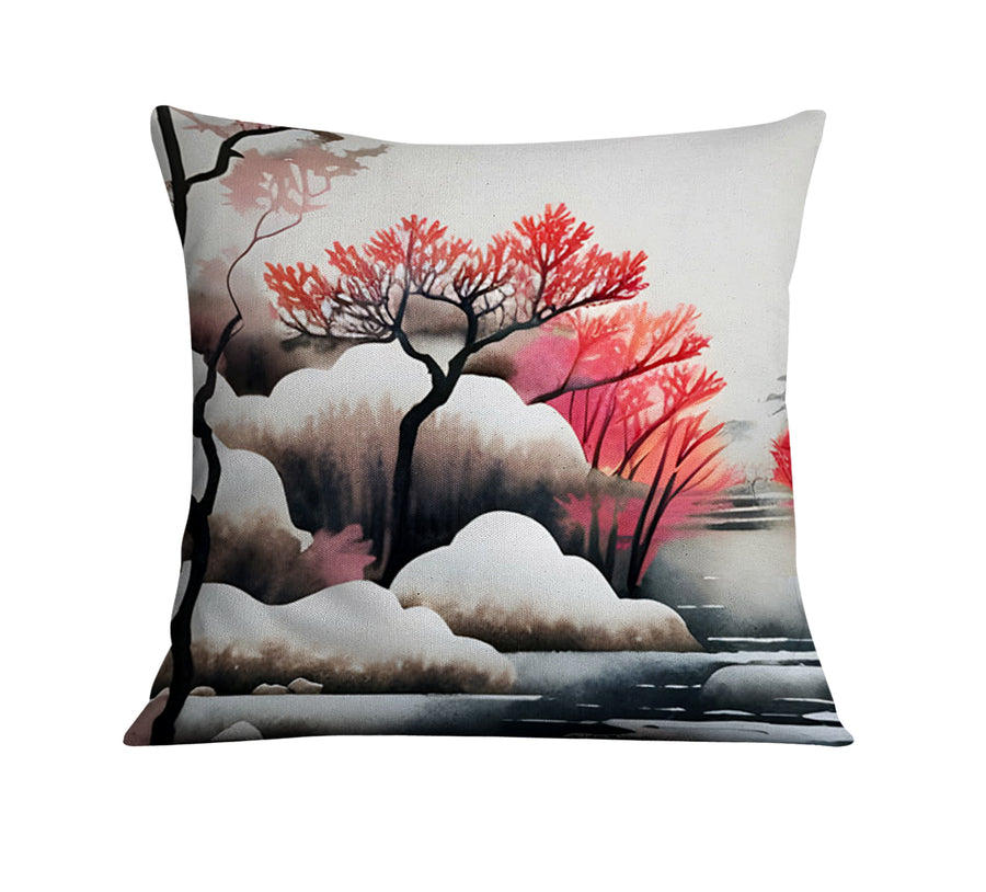 Pink Winter Tree Landscape Artwork Throw Pillow Cover