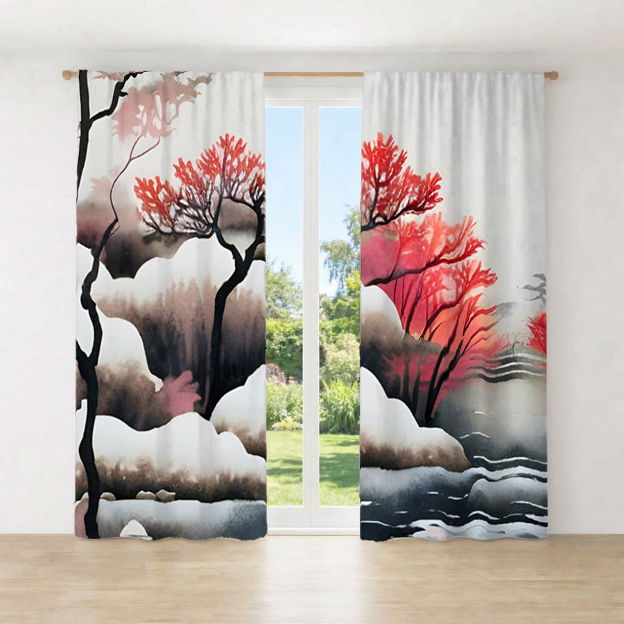 Pink Winter Tree Landscape Artwork Window Curtains
