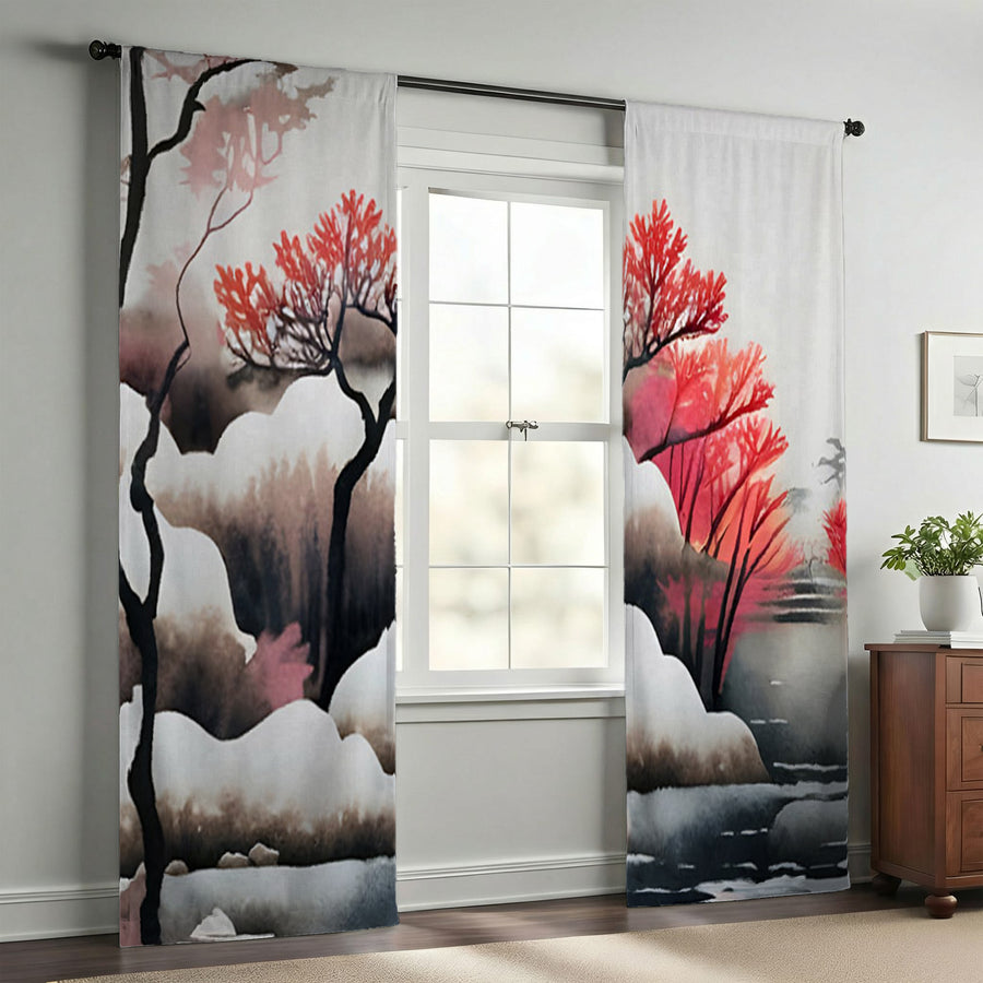 Pink Winter Tree Landscape Artwork Window Curtains