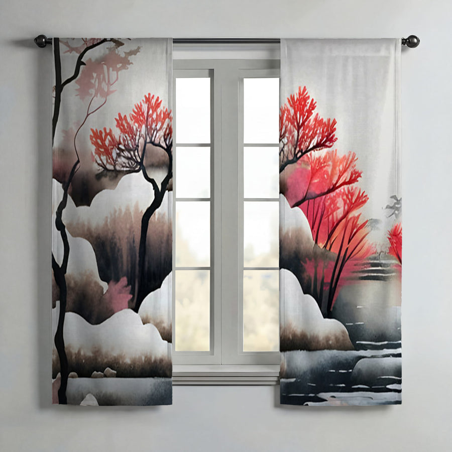 Pink Winter Tree Landscape Artwork Window Curtains