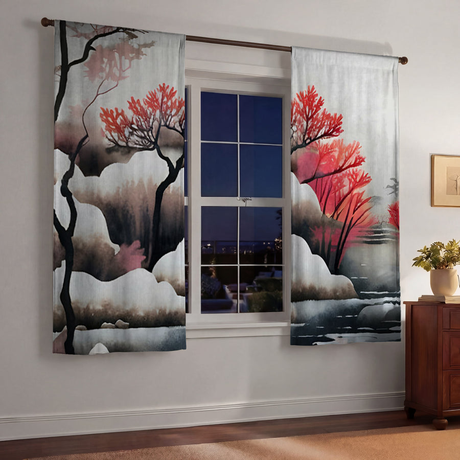 Pink Winter Tree Landscape Artwork Window Curtains