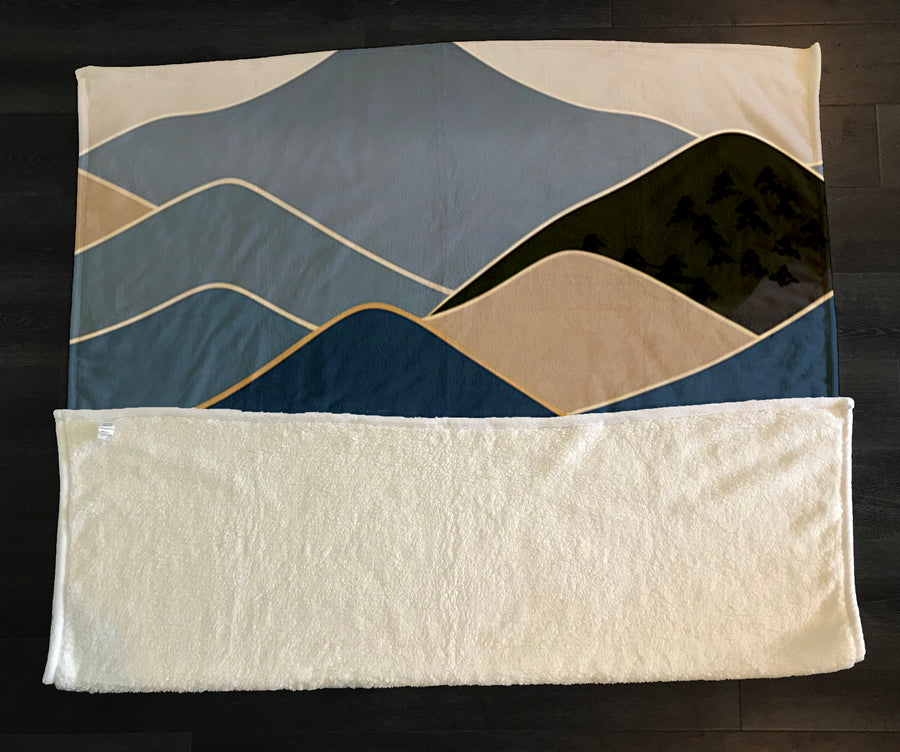 Blue Minimalist Mountain Landscape Artwork Fleece Sherpa Blanket