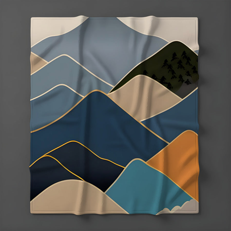Blue Minimalist Mountain Landscape Artwork Fleece Sherpa Blanket