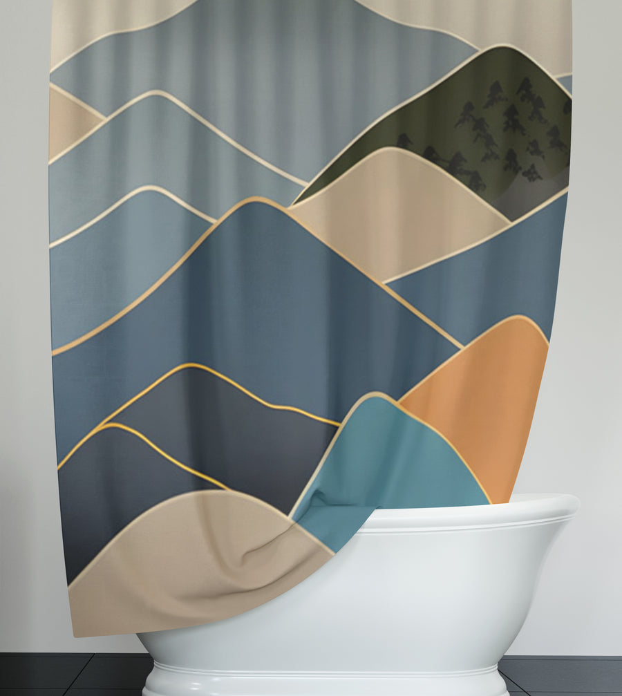 Blue Minimalist Mountain Landscape Artwork Shower Curtain