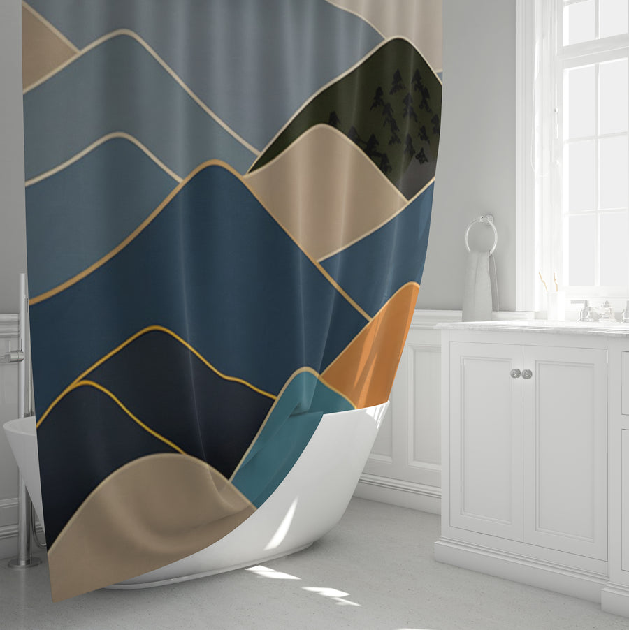 Blue Minimalist Mountain Landscape Artwork Shower Curtain