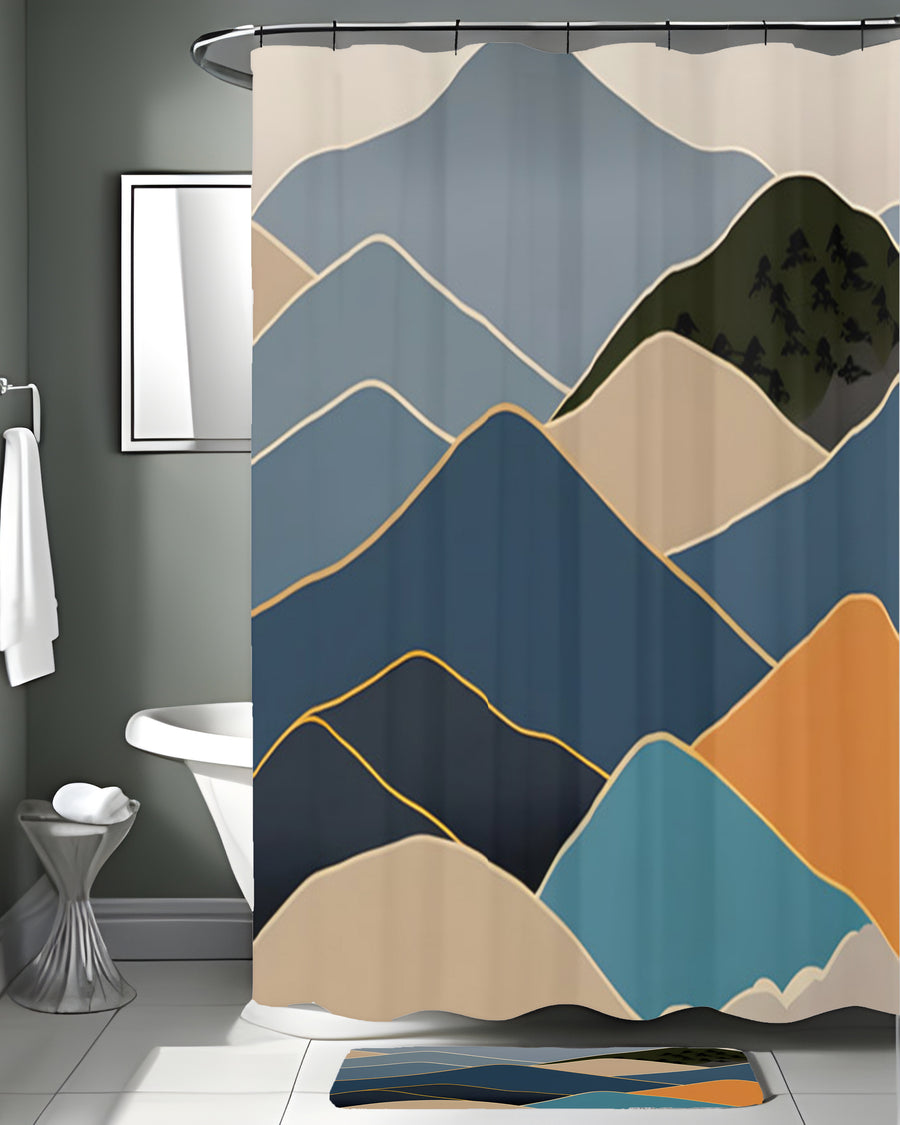 Blue Minimalist Mountain Landscape Artwork Shower Curtain