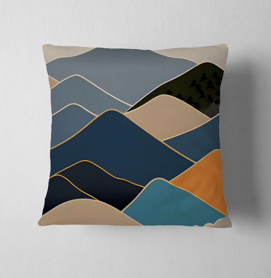 Blue Minimalist Mountain Landscape Artwork Throw Pillow Cover