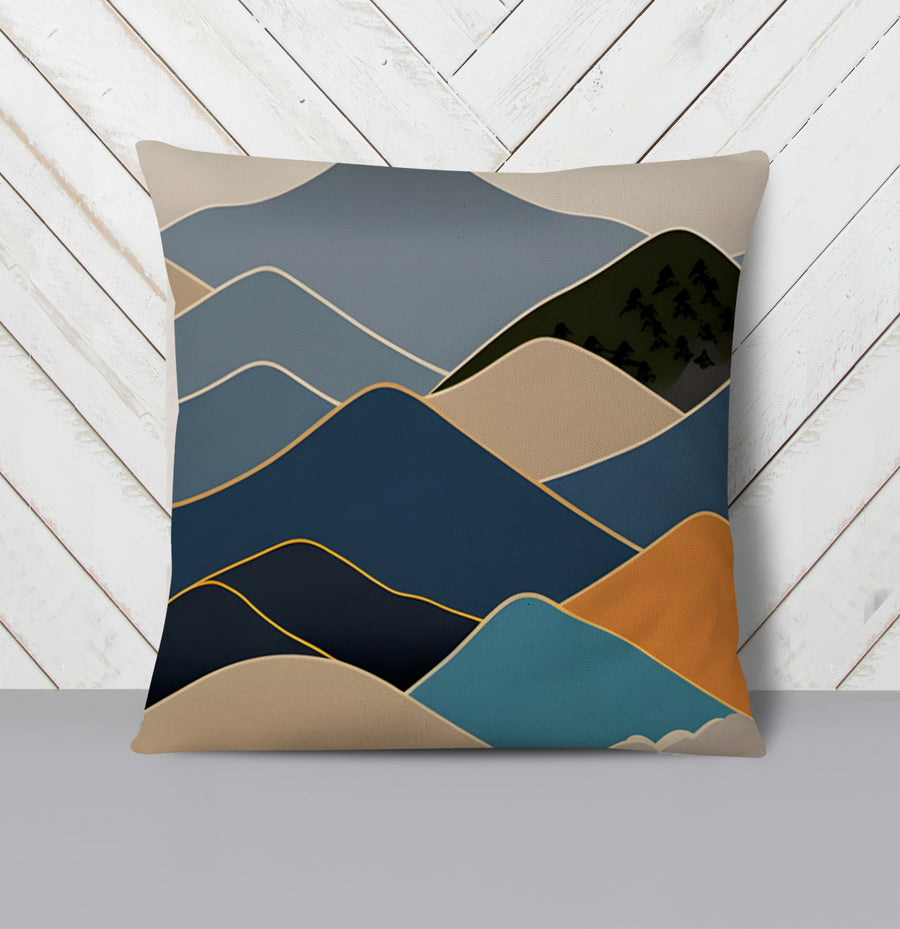 Blue Minimalist Mountain Landscape Artwork Throw Pillow Cover