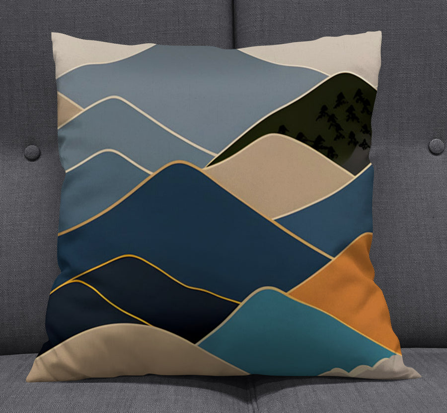 Blue Minimalist Mountain Landscape Artwork Throw Pillow Cover