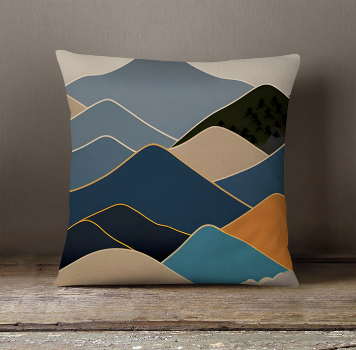 Blue Minimalist Mountain Landscape Artwork Throw Pillow Cover