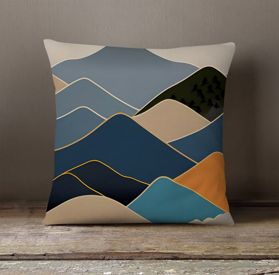 Blue Minimalist Mountain Landscape Artwork Throw Pillow Cover