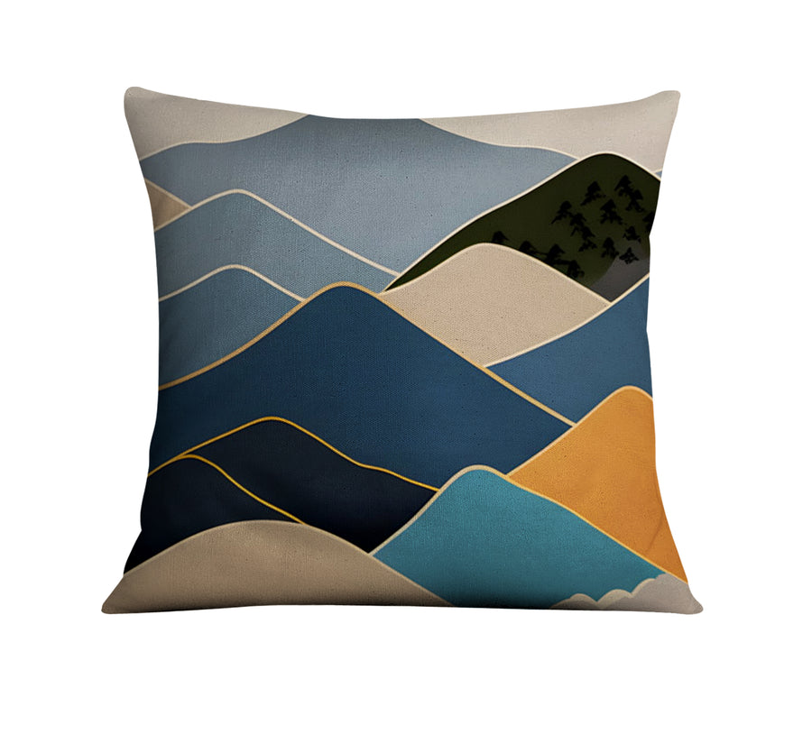 Blue Minimalist Mountain Landscape Artwork Throw Pillow Cover