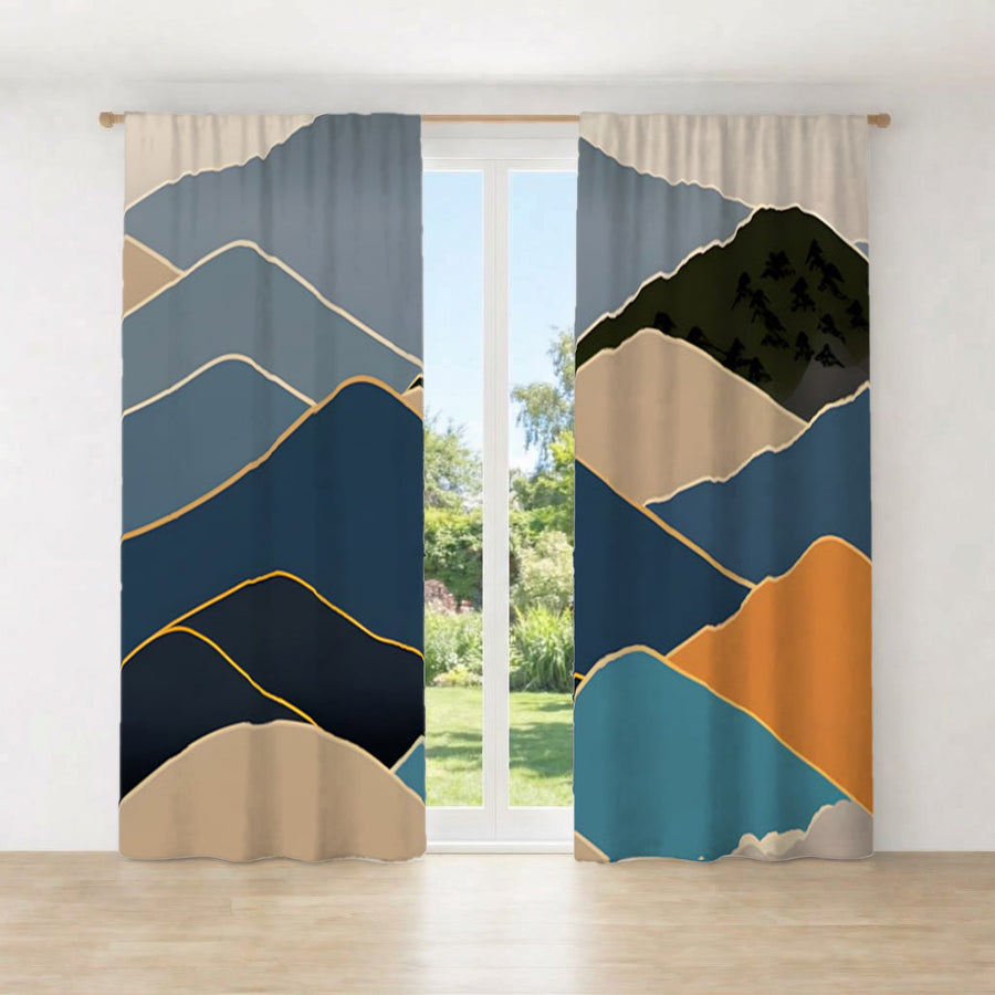 Blue Minimalist Mountain Landscape Artwork Window Curtains