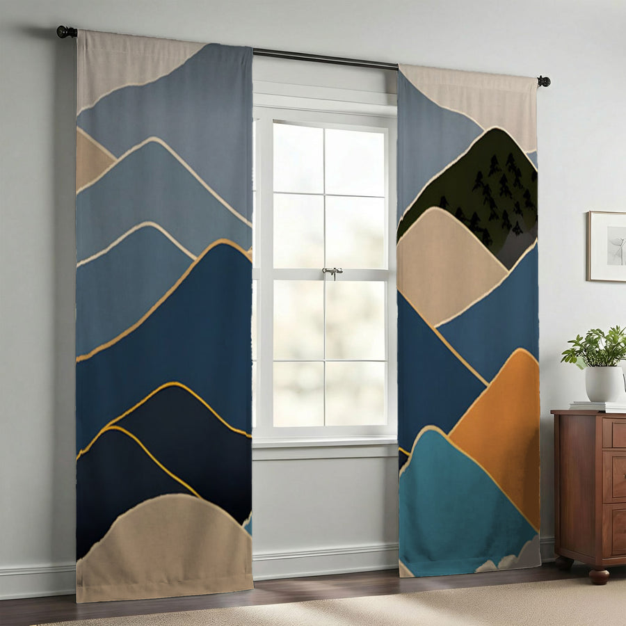 Blue Minimalist Mountain Landscape Artwork Window Curtains