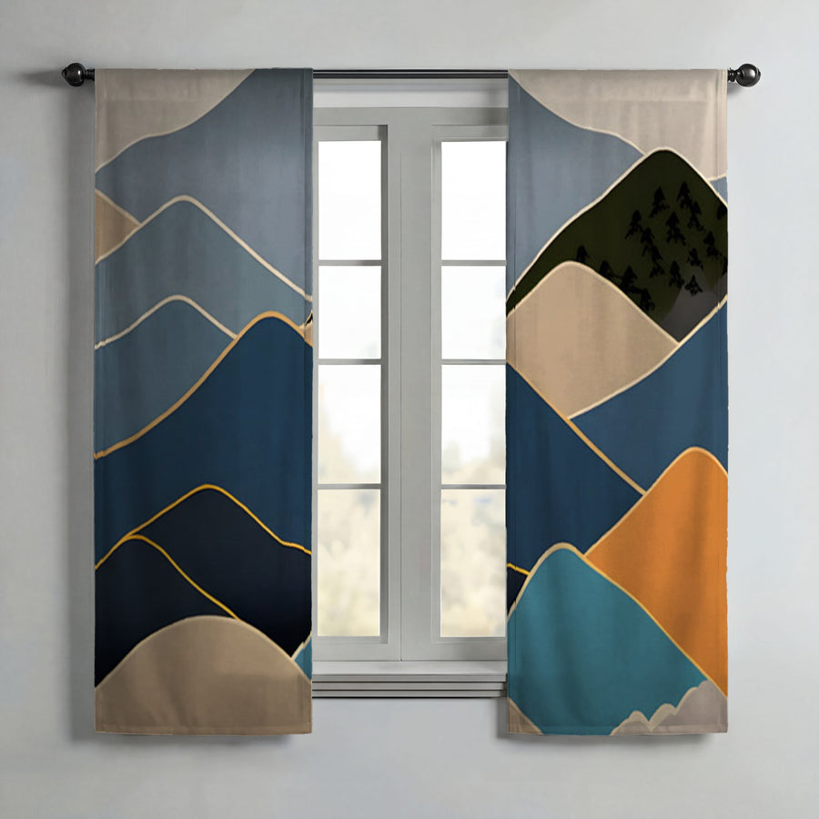 Blue Minimalist Mountain Landscape Artwork Window Curtains