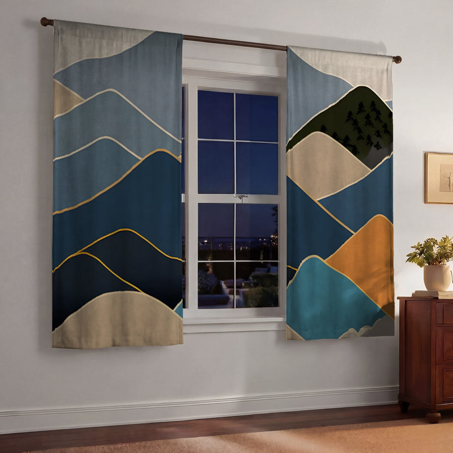Blue Minimalist Mountain Landscape Artwork Window Curtains