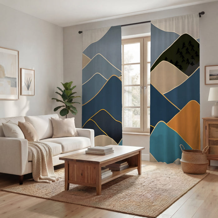Blue Minimalist Mountain Landscape Artwork Window Curtains