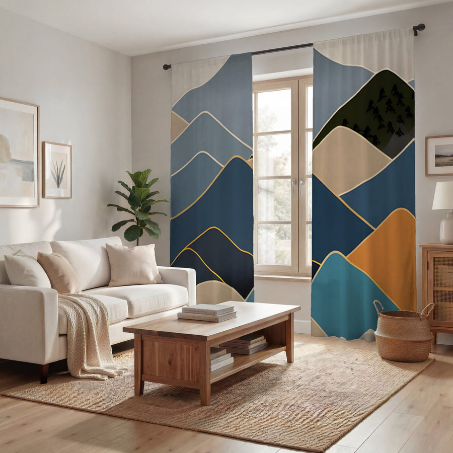 Blue Minimalist Mountain Landscape Artwork Window Curtains
